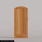 Tivoli arched door in Western Red Cedar, with a vertical-plank wood panel. Labeled wood species view.