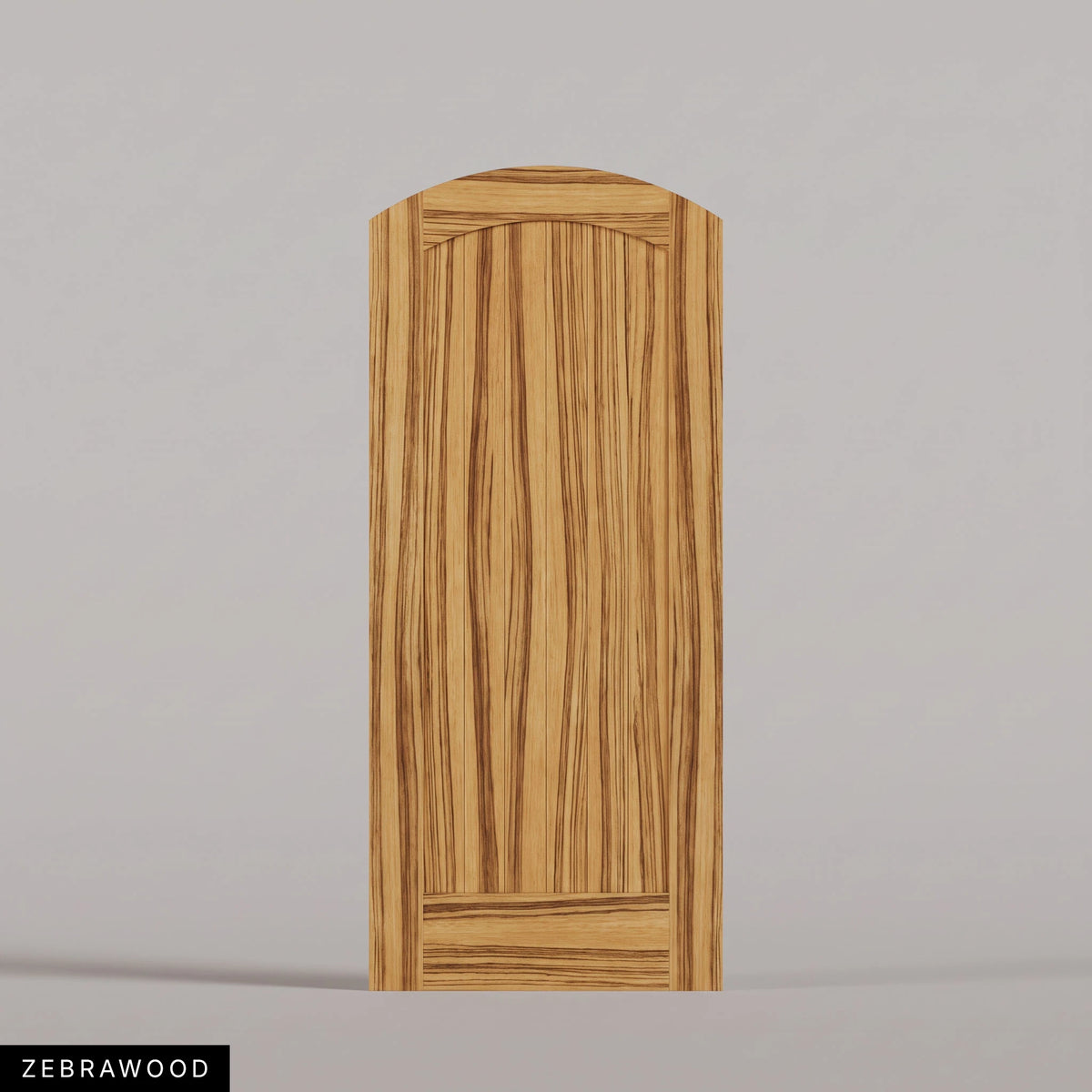 Tivoli arched door in Zebrawood, with a vertical-plank wood panel. Labeled wood species view.