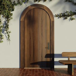 Flush Plank Round Top Door with matching casing in Black Walnut on modern home