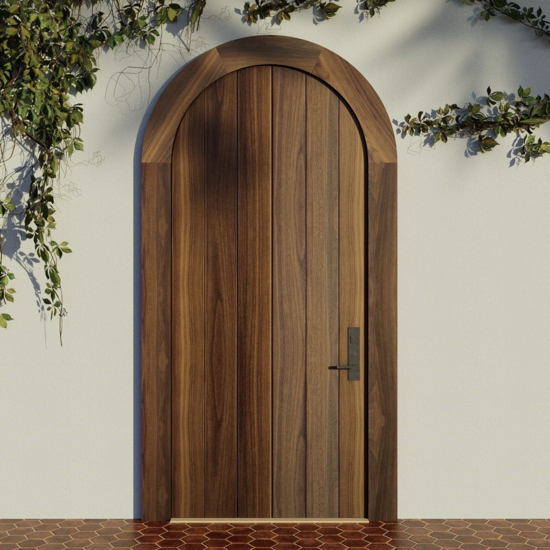 Flush Plank Round Top Door with matching casing in Black Walnut on modern home