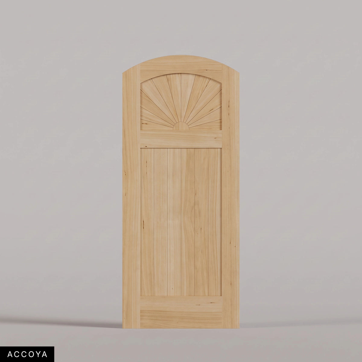 Verona arched door in Accoya, with a sunburst upper panel and vertical-plank lower panel. Labeled wood species view.