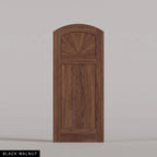 Verona arched door in Black Walnut, with a sunburst upper panel and vertical-plank lower panel. Labeled wood species view.