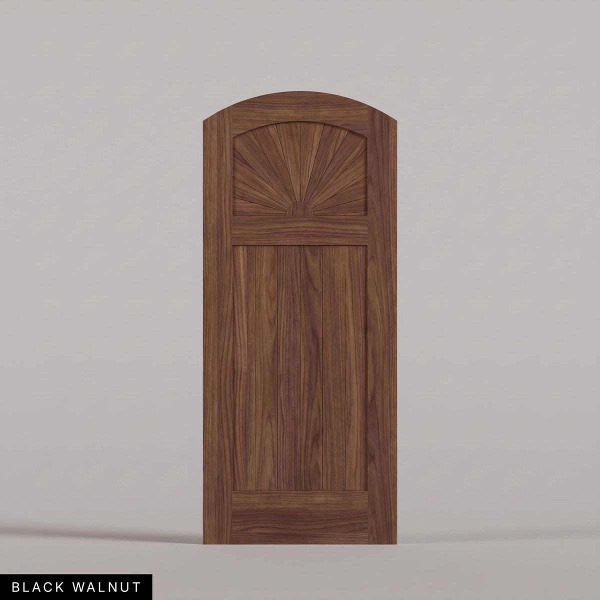 Verona arched door in Black Walnut, with a sunburst upper panel and vertical-plank lower panel. Labeled wood species view.