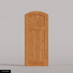 Verona arched door in Cherry, with a sunburst upper panel and vertical-plank lower panel. Labeled wood species view.