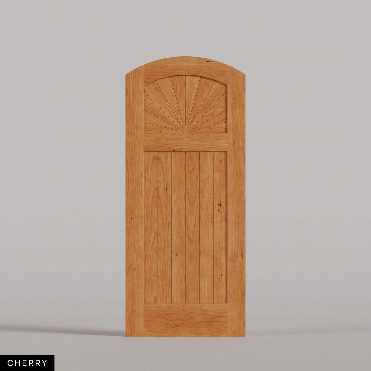 Verona arched door in Cherry, with a sunburst upper panel and vertical-plank lower panel. Labeled wood species view.