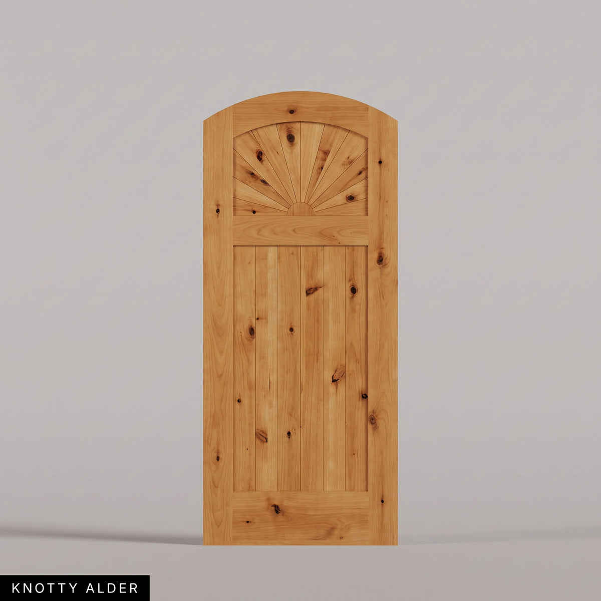 Verona arched door in Knotty Alder, with a sunburst upper panel and vertical-plank lower panel. Labeled wood species view.