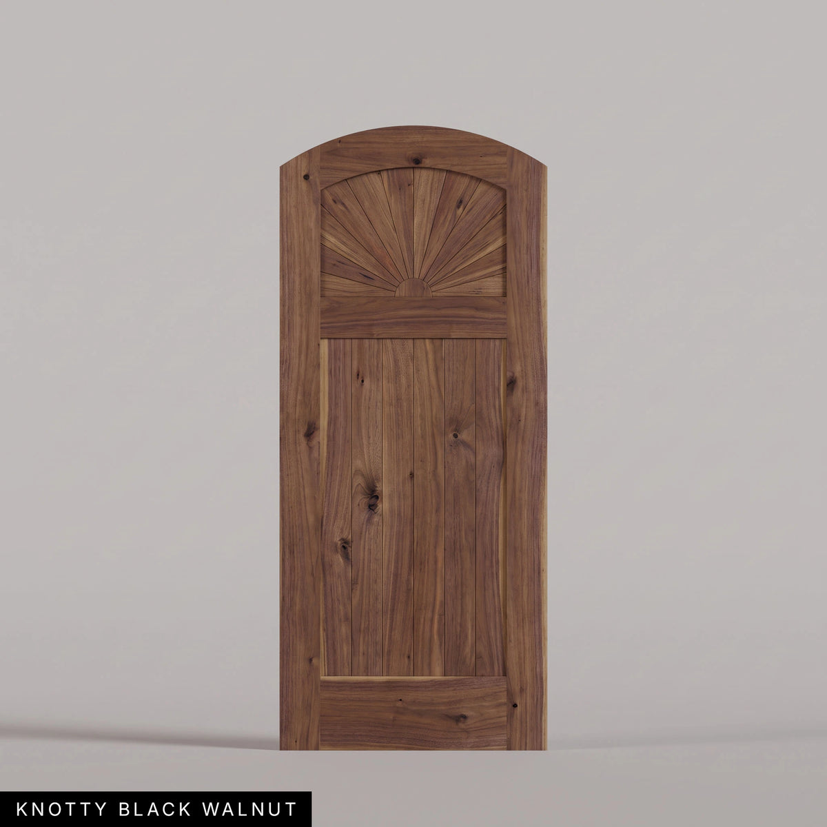 Verona arched door in Knotty Black Walnut, with a sunburst upper panel and vertical-plank lower panel. Labeled wood species view.