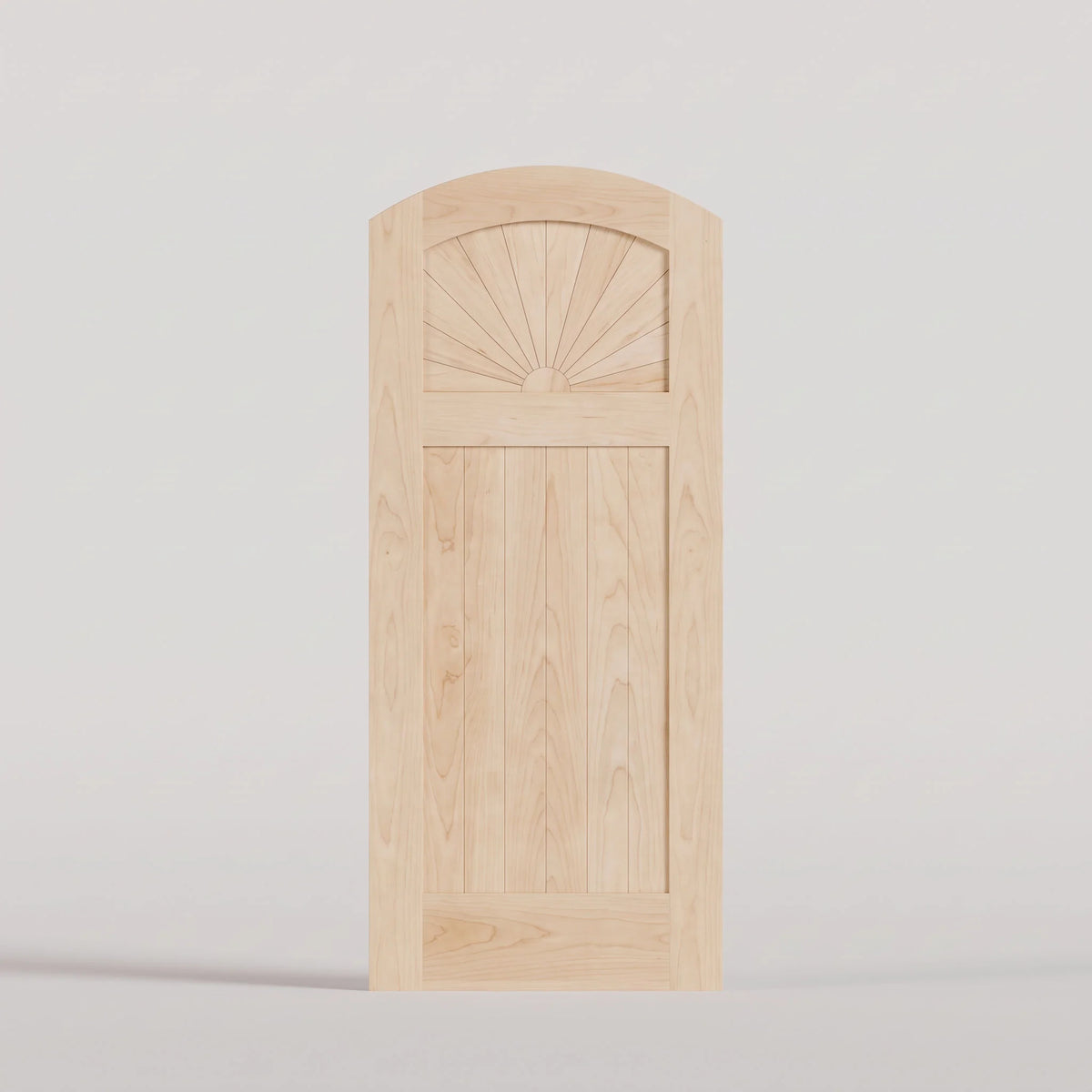 Verona arched door in Maple, with a sunburst upper panel and vertical-plank lower panel.
