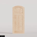 Verona arched door in Maple, with a sunburst upper panel and vertical-plank lower panel. Labeled wood species view.