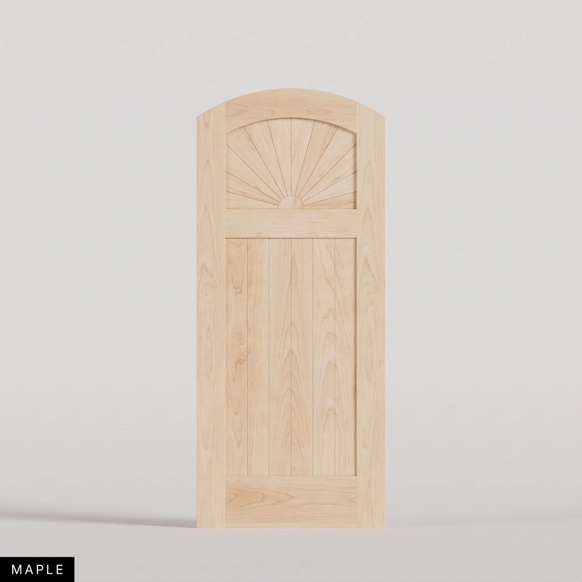 Verona arched door in Maple, with a sunburst upper panel and vertical-plank lower panel. Labeled wood species view.
