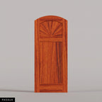 Verona arched door in Padauk, with a sunburst upper panel and vertical-plank lower panel. Labeled wood species view.