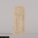 Verona arched door in Rustic Maple, with a sunburst upper panel and vertical-plank lower panel. Labeled wood species view.