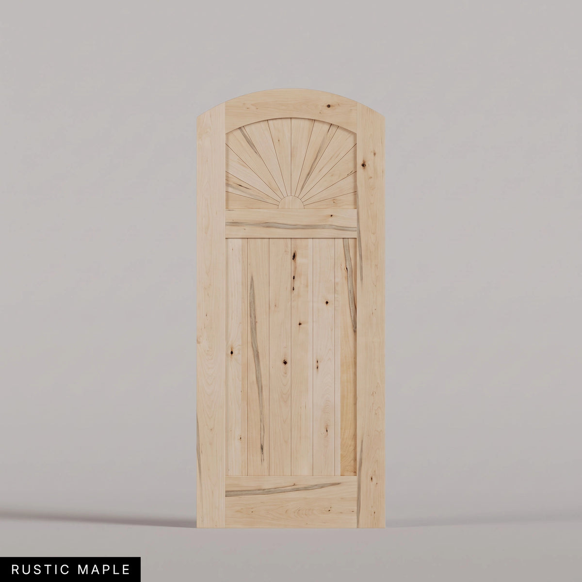 Verona arched door in Rustic Maple, with a sunburst upper panel and vertical-plank lower panel. Labeled wood species view.