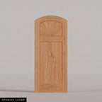 Verona arched door in Spanish Cedar, with a sunburst upper panel and vertical-plank lower panel. Labeled wood species view.