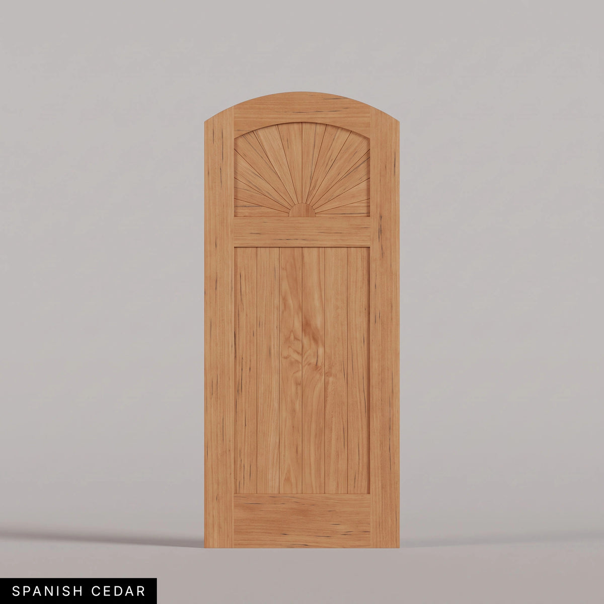 Verona arched door in Spanish Cedar, with a sunburst upper panel and vertical-plank lower panel. Labeled wood species view.