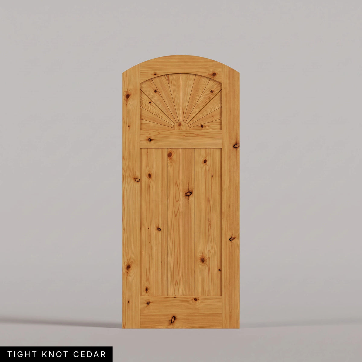 Verona arched door in Tight Knot Cedar, with a sunburst upper panel and vertical-plank lower panel. Labeled wood species view.
