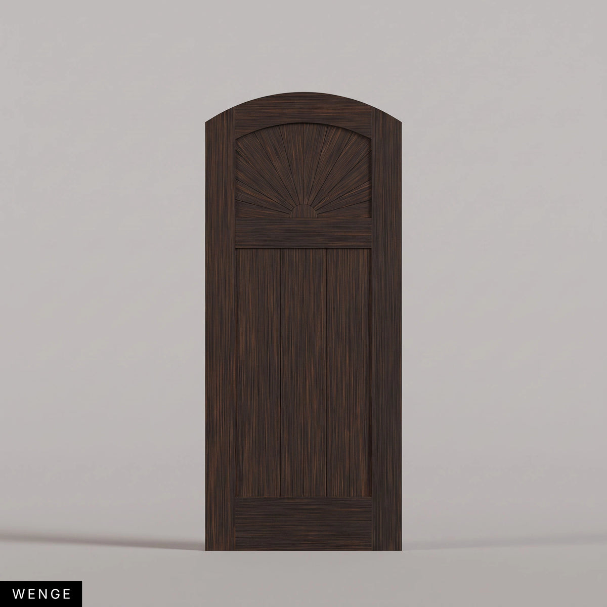 Verona arched door in Wenge, with a sunburst upper panel and vertical-plank lower panel. Labeled wood species view.