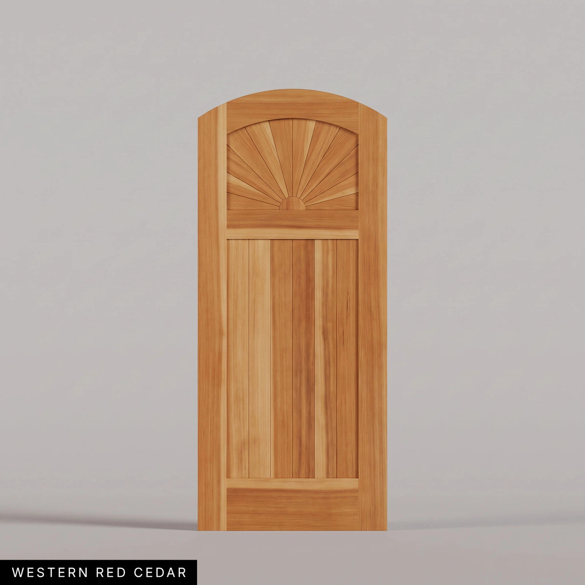 Verona arched door in Western Red Cedar, with a sunburst upper panel and vertical-plank lower panel. Labeled wood species view.