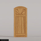 Verona arched door in Zebrawood, with a sunburst upper panel and vertical-plank lower panel. Labeled wood species view.