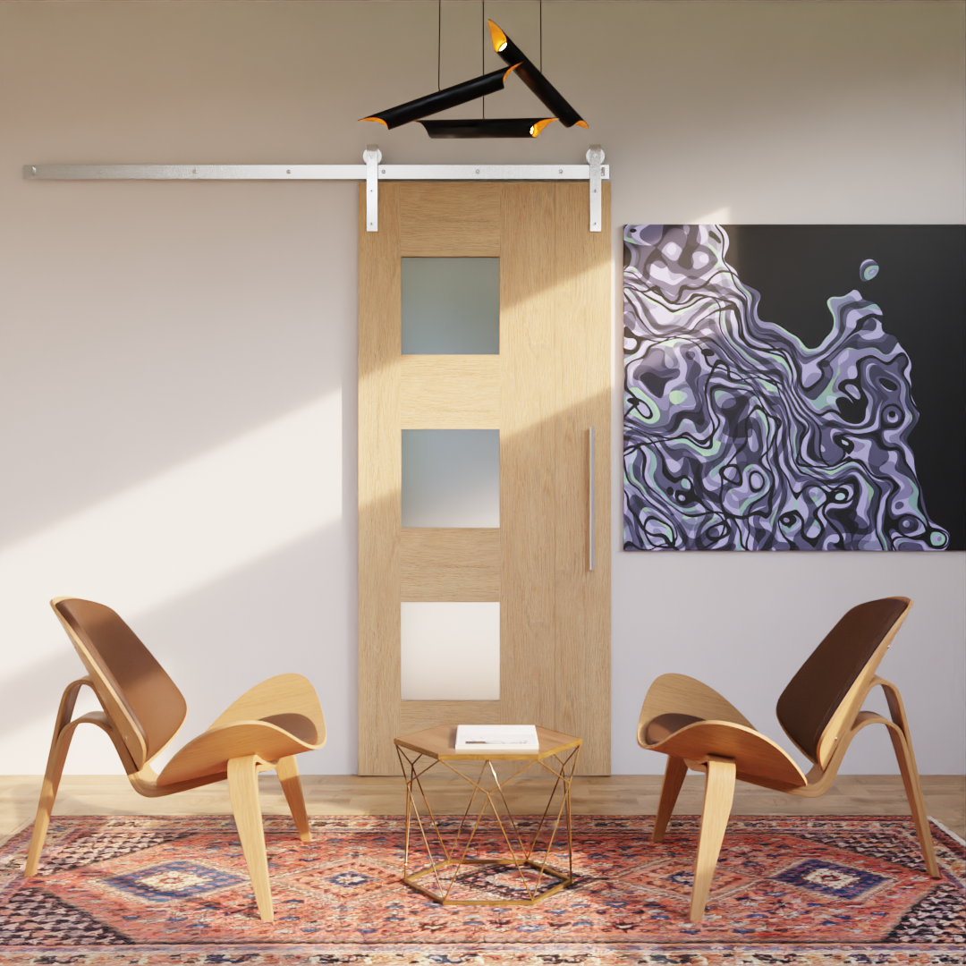 Walnut Wood Mid-Century Modern Tri Window Entry Door