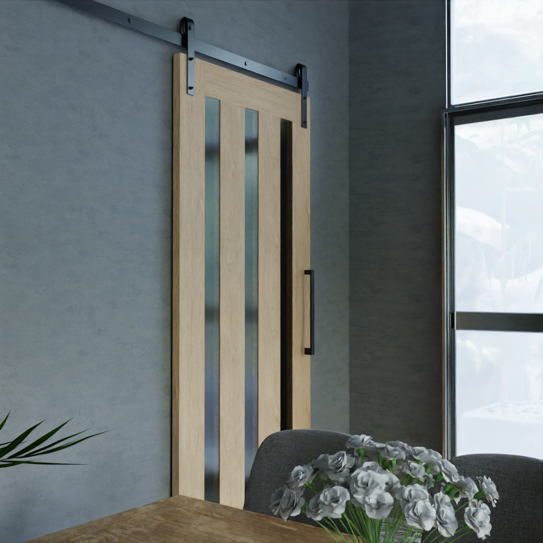 The Tacoma Sliding Barn Door With Vertical Glass Panels Photoshoot image 4 - RealCraft
