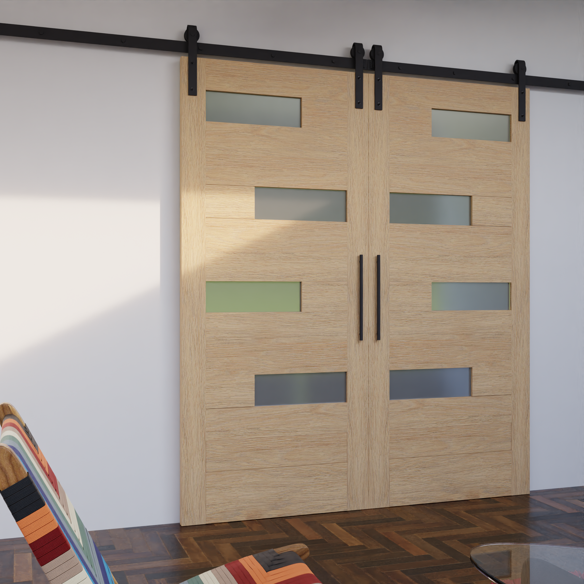 Modern Offset Slat Sliding Barn Door With Horizontal Glass Panels side angle view | RealCraft
