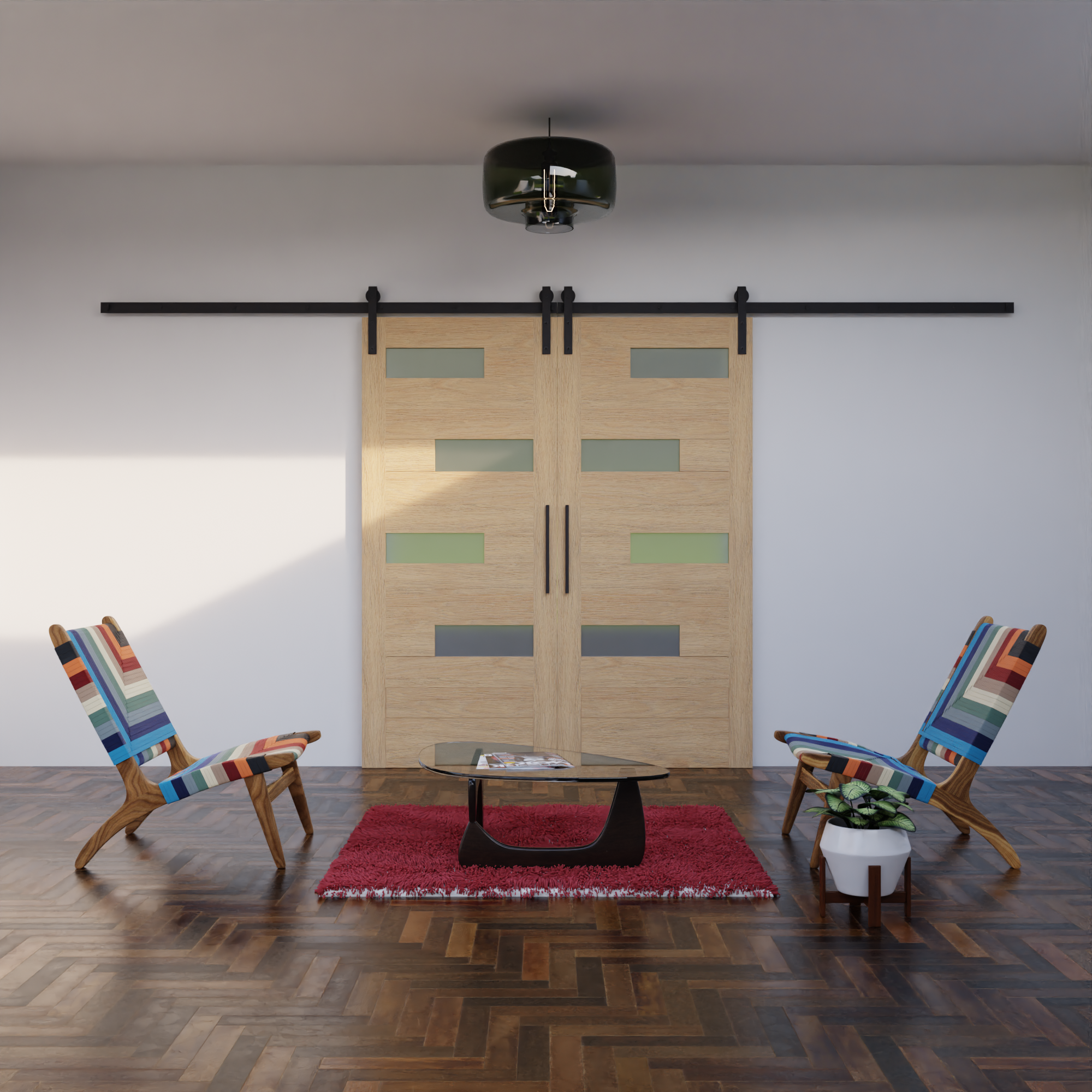 Offset Slat Sliding Modern Interior Door With Glass Panels | RealCraft