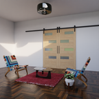 Bi-parting Modern Offset Slat Sliding Barn Door With Horizontal Glass Panels on elegant room | Modern Offset Slat Sliding Barn Door With Horizontal Glass Panels side angle | RealCraft
