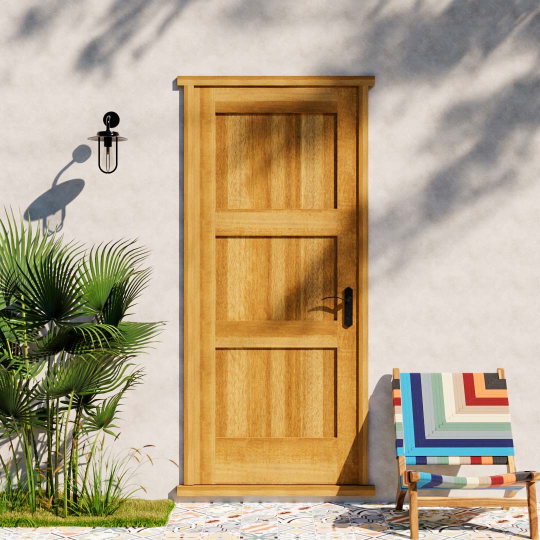 Afromosia Wood Shaker Three Panel Solid Core Exterior Door  on a patio area