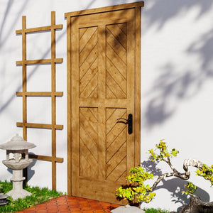 White Oak Chevron Four Panel Solid Core Exterior Front Door in a garden area