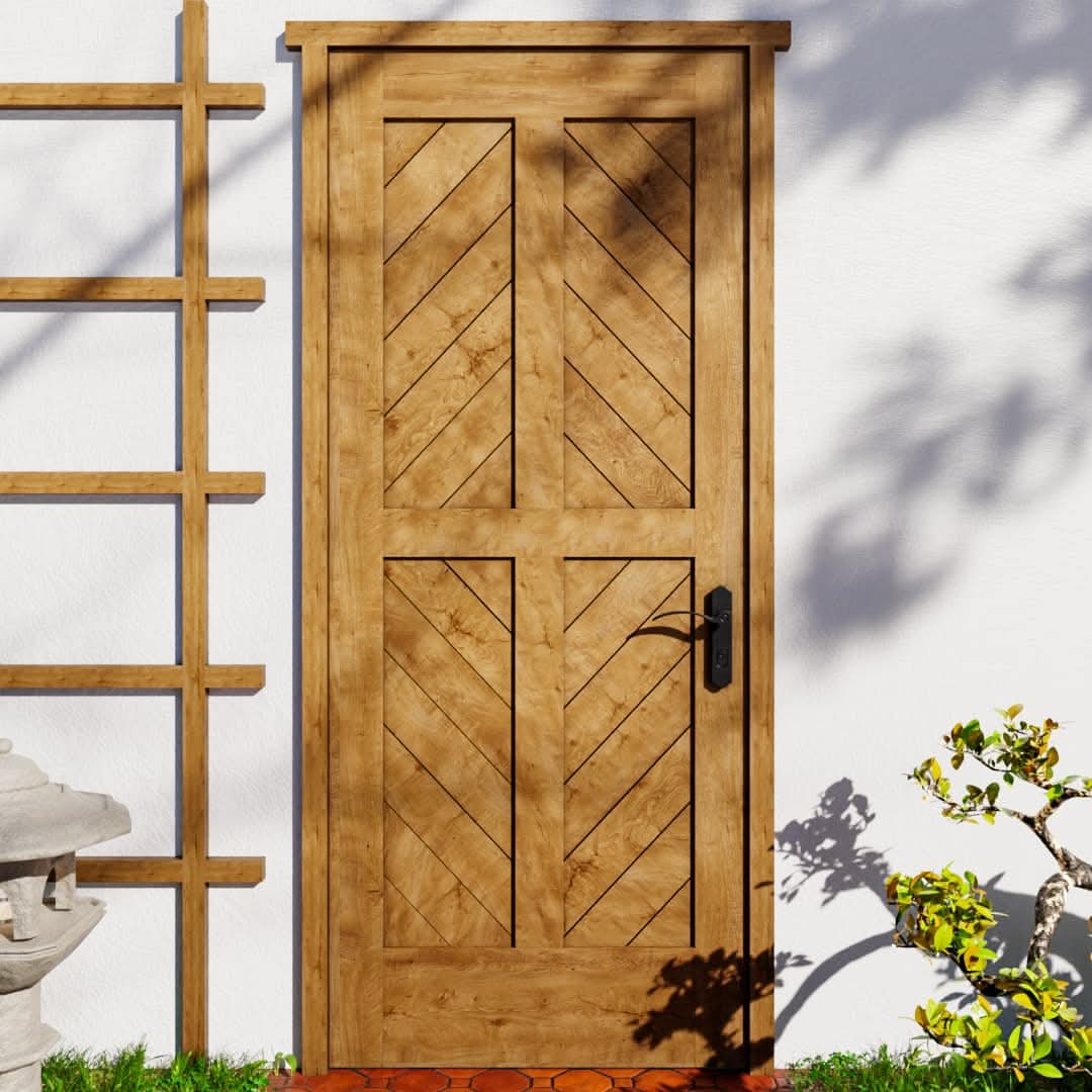 White Oak Chevron Four Panel Solid Core Exterior Front Door in a garden area