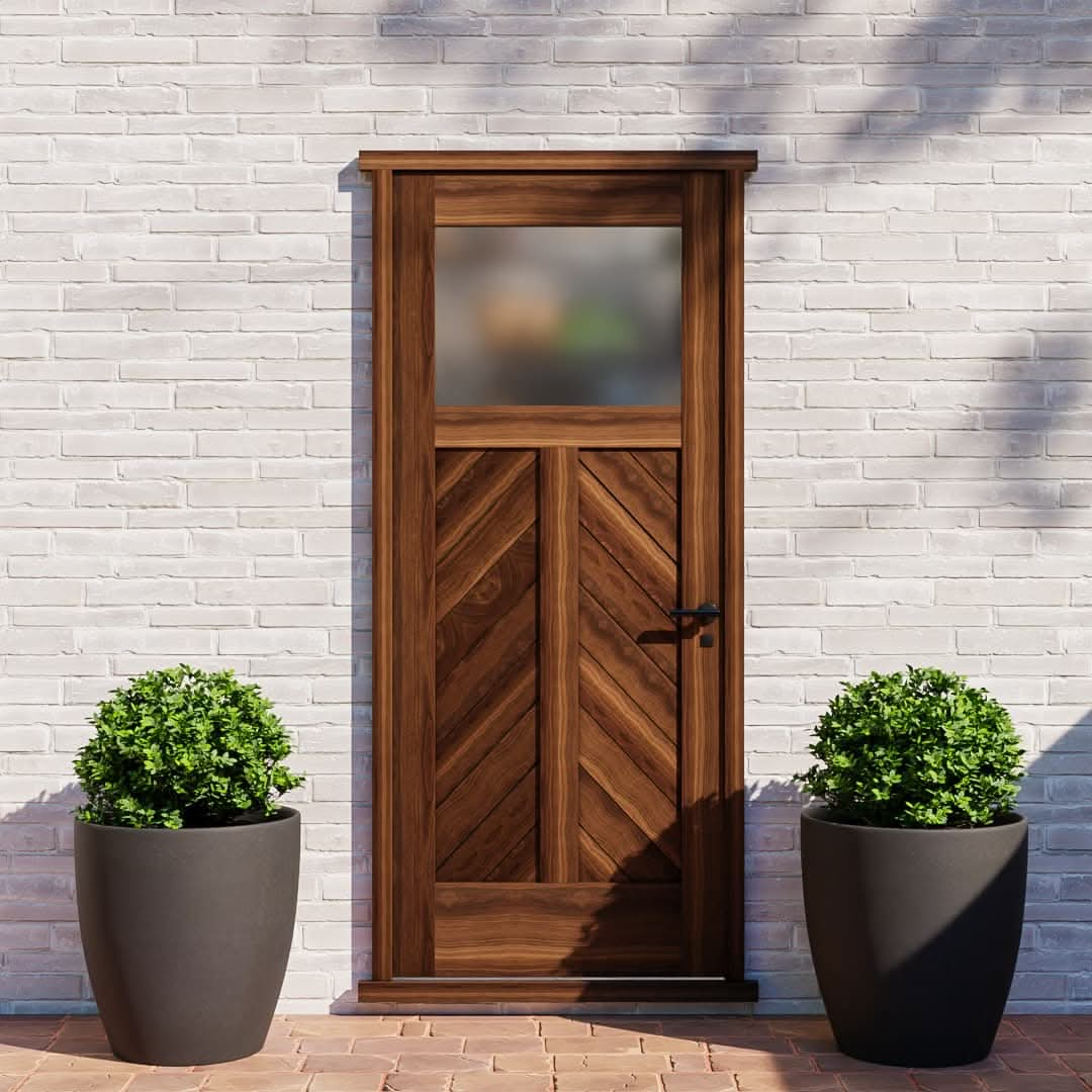 Walnut Wood Chevron Glass Solid Core Exterior Door installed on a white brick wall