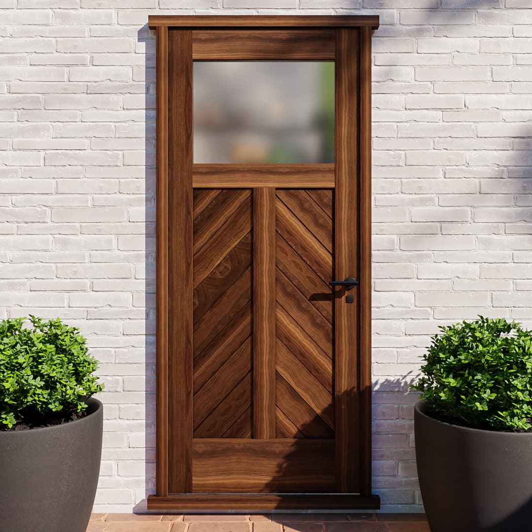 Walnut Wood Chevron Glass Solid Core Exterior Door between two large planters