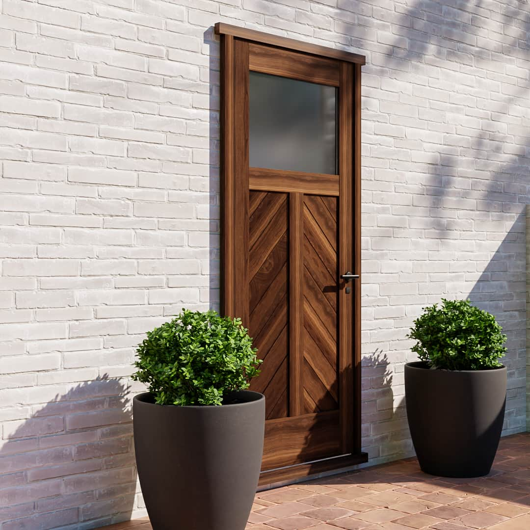 Walnut Wood Chevron Glass Solid Core Exterior Door side view