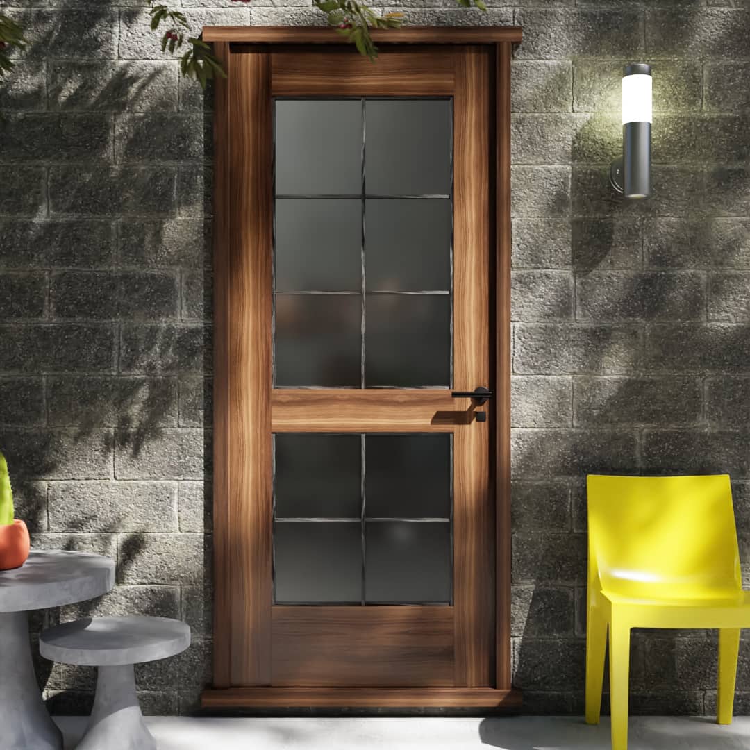 Walnut Wood Double French Glass Exterior Front Door installed in a patio area 