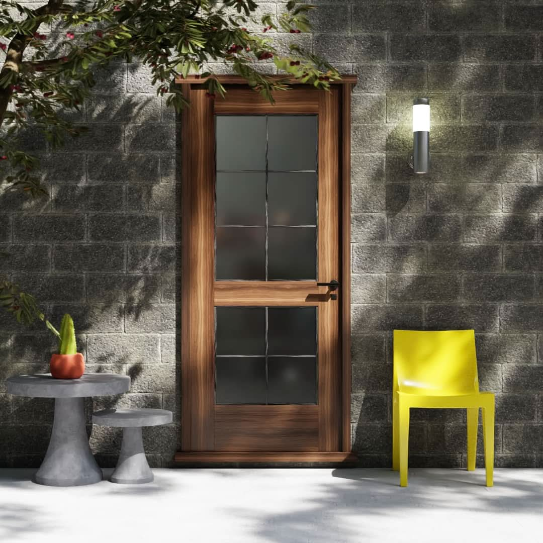 Walnut Wood Double French Glass Exterior Front Door installed in a patio area 