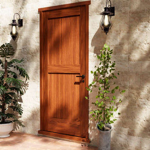 Sapele Mahogany Shaker Double Panel Solid Core Exterior Door on exterior patio area 