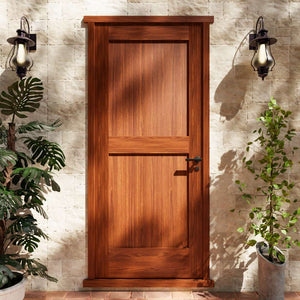 Sapele Mahogany Shaker Double Panel Solid Core Exterior Door on exterior patio area 