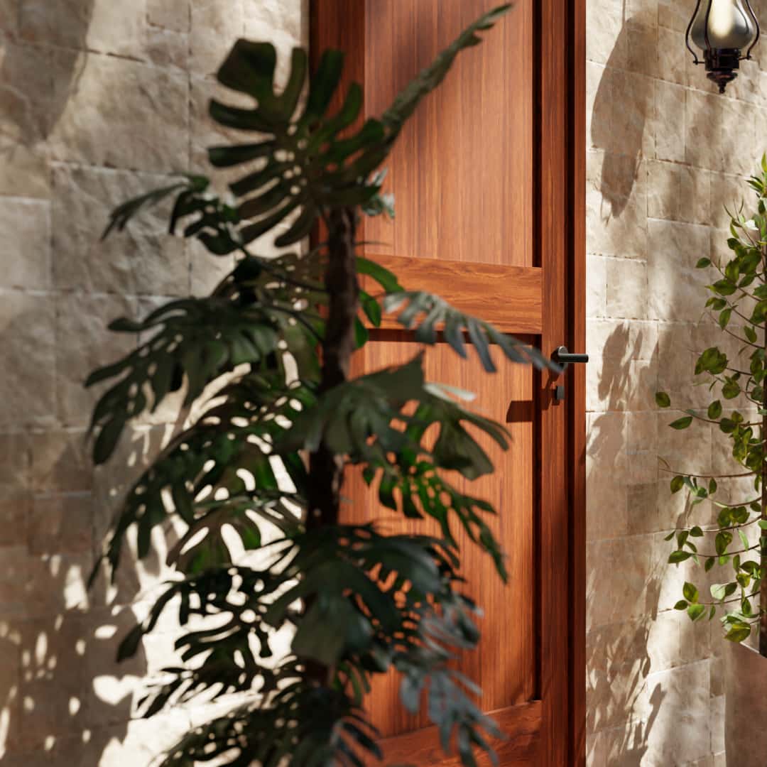 Sapele Mahogany Shaker Double Panel Solid Core Exterior Door on exterior patio area with plants