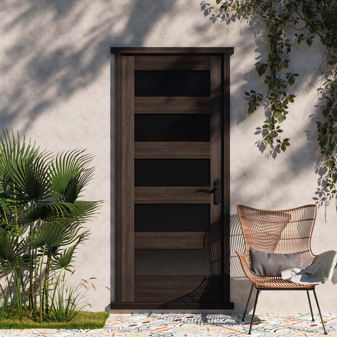 Modern Five Panel Horizontal Glass Solid Core Exterior Door on exterior patio environment