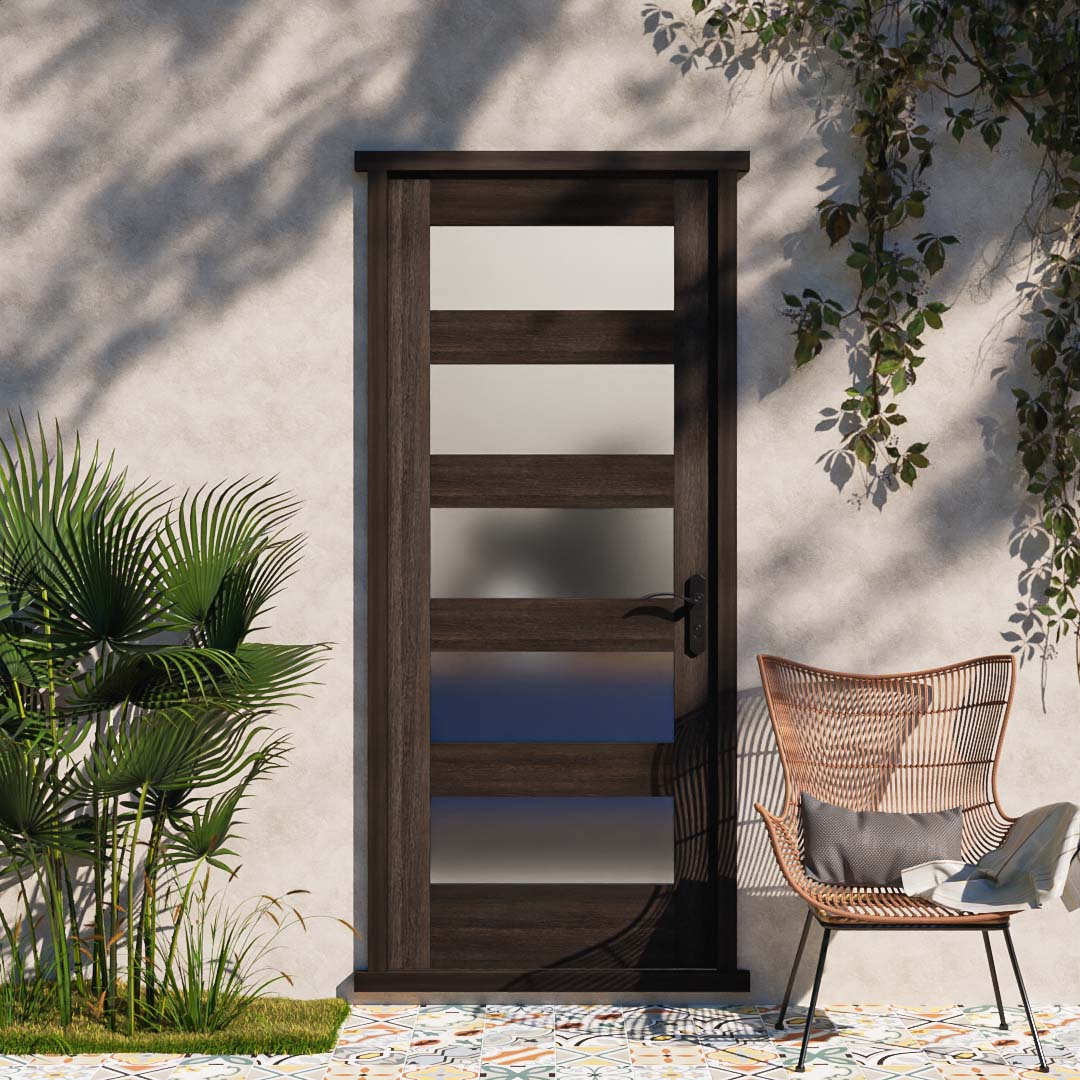Wenge Wood Modern Five Panel Horizontal Glass Solid Core Exterior Door on exterior patio environment