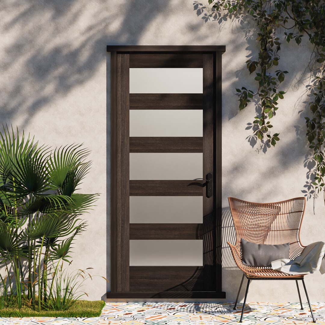 Modern Five Panel Horizontal Glass Solid Core Exterior Door on patio area