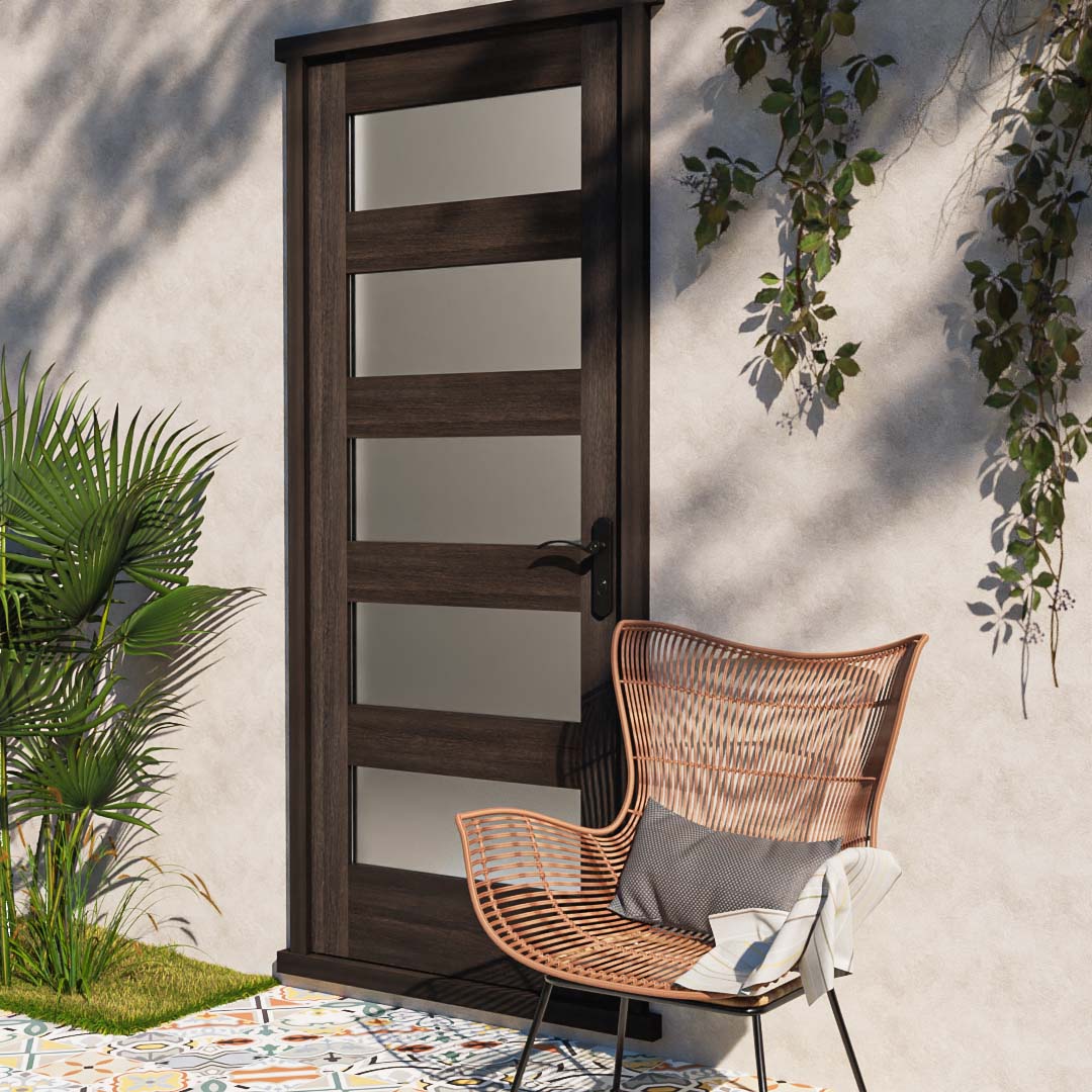 Wenge Wood Modern Five Panel Horizontal Glass Solid Core Exterior Door on in a patio area next to a outdoor chair