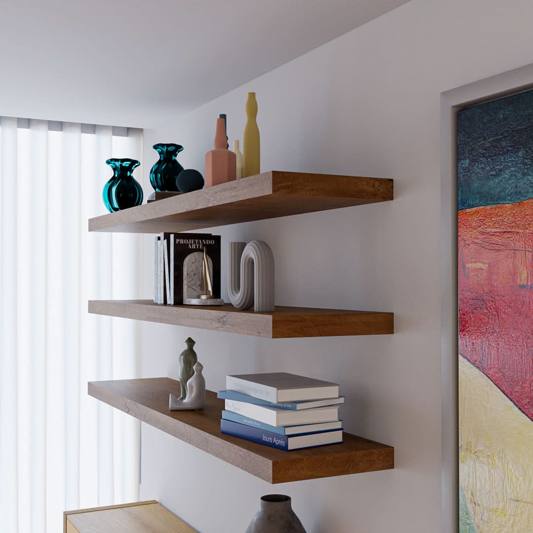 Three Rustic White Oak Floating Shelves