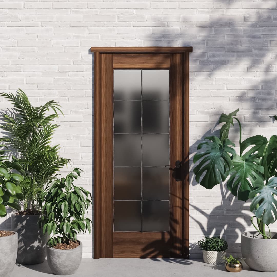 Walnut Wood Full French Glass Exterior Front Door in a patio area with potted plants