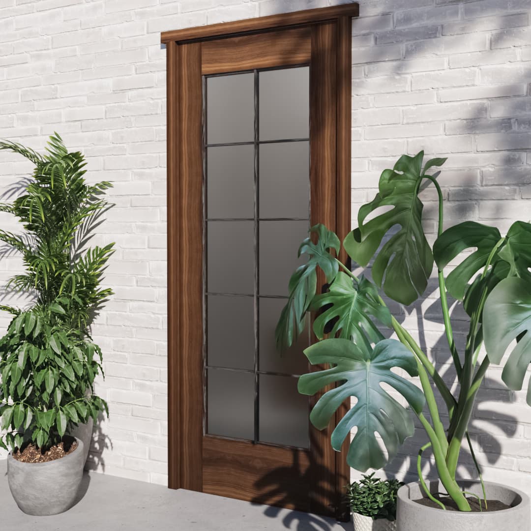 Walnut Wood Full French Glass Exterior Front Door in a patio area with potted plants