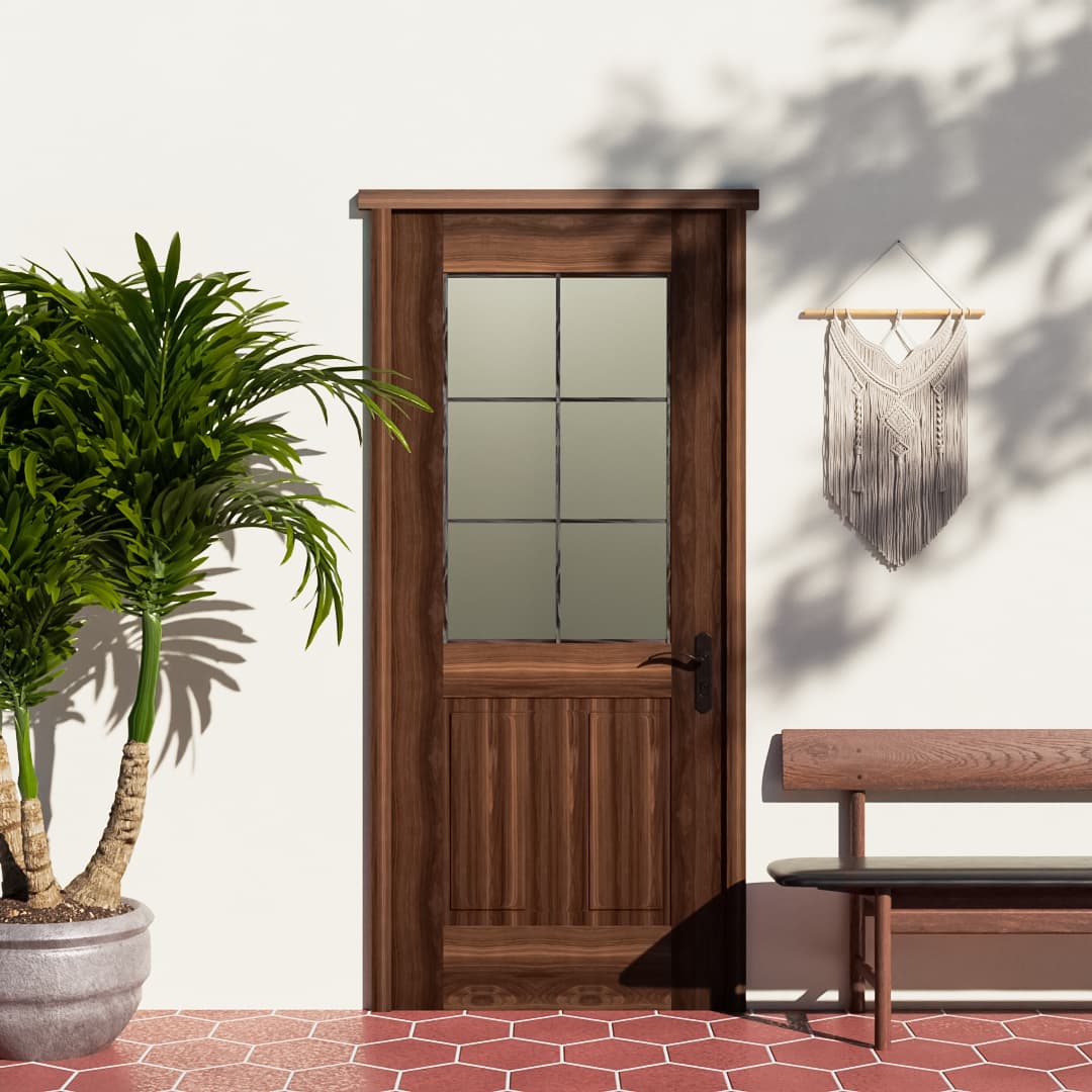 Half French Glass Exterior Front Door in a patio area next to a bench and a potted plant
