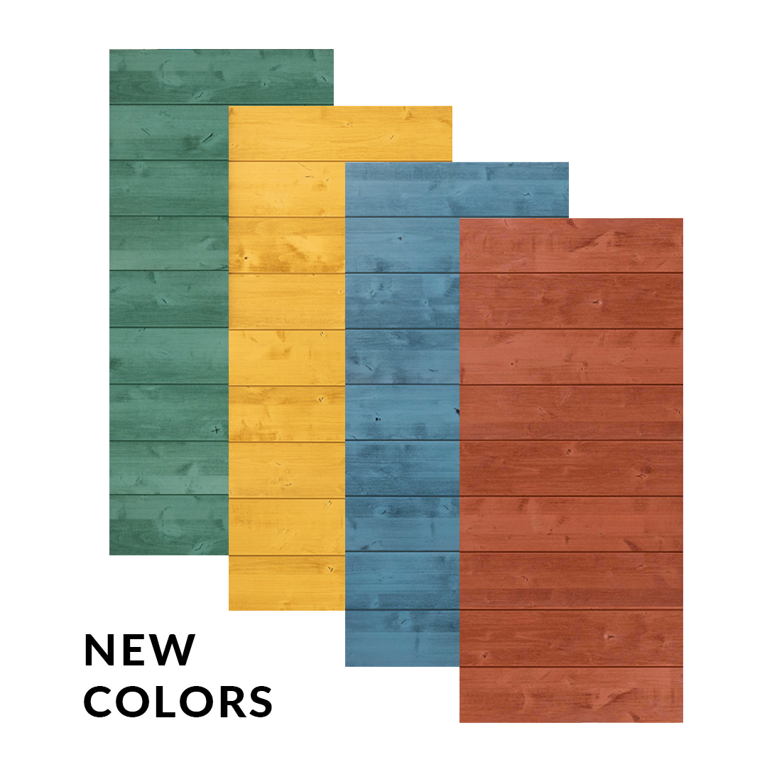 Green, Yellow, Blue and Red weathered wood sliding barn doors