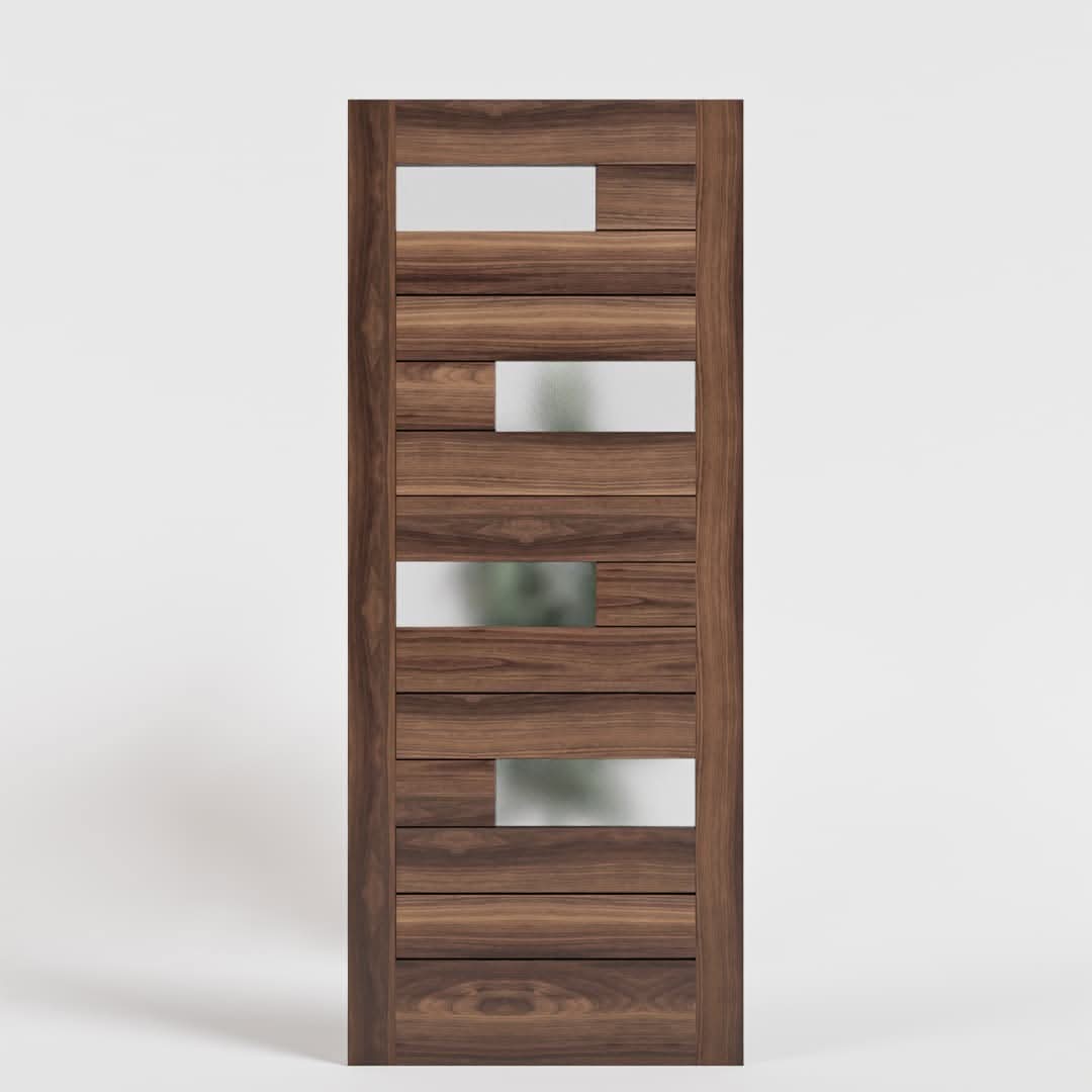 Modern Offset Slat Solid Core Exterior Door With Etched Glass