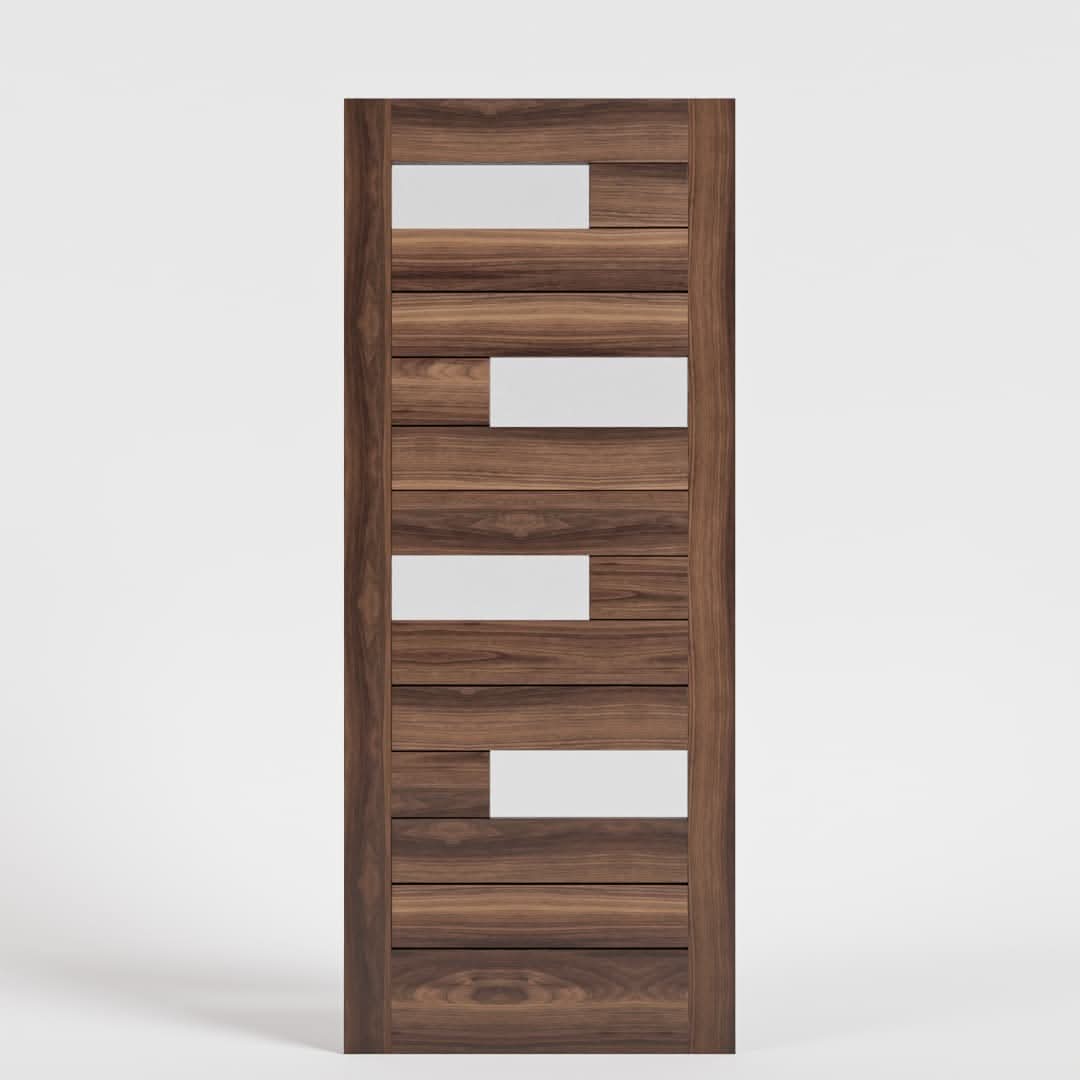 Offset Slat Solid Core Modern Wood Front Door With Glass